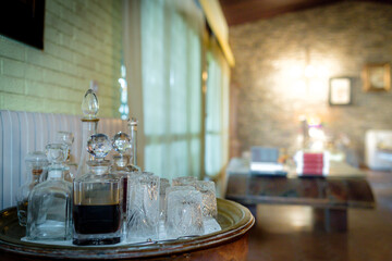 Bottles of liquor and liquor at the bar with selective focus