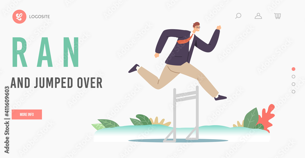 Poster hurdle jump landing page template. successful leader business man character running race on stadium 