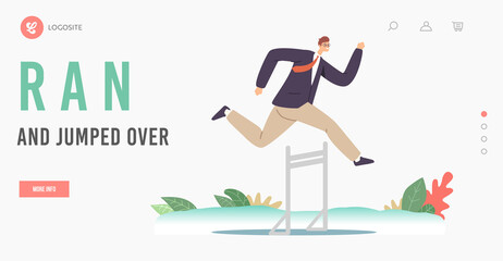 Hurdle Jump Landing Page Template. Successful Leader Business Man Character Running Race on Stadium Jumping over Barrier