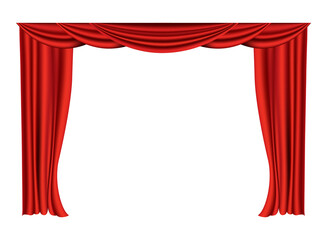 Red curtains realistic. Theater fabric silk decoration for movie cinema or opera hall. Curtains and draperies interior decoration object. Isolated on white for theater stage