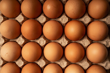 Brown eggs on eggs craft holder. Top view.