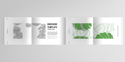 3d realistic vector layout of cover mockup design templates for bifold square brochure, flyer, cover design, book. Tropical palm leaves, shadow of tropical jungle leaves. Floral pattern backgrounds.