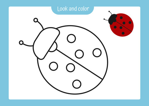 Coloring page of ladybug with colored example. Vector illustration, coloring book for kids preschool activities.