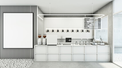 Cafe shop design Minimalist,White counter,Back white counter decor on wall,White frame mock up on slat white wood wall,White stone,Concrete floors -3D render