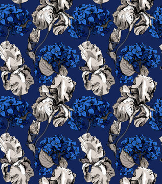 Seamless wallpaper pattern. White gold Iris, blue Hydrangea flowers and buds. Textile composition, hand drawn style print. Vector illustration.