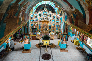 Fototapeta na wymiar Interior of an Orthodox Ukrainian church view from above