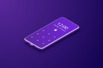 smartphone with security lock screen. mobile phone isolated on purple background.
