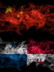 China, Chinese vs Panama, Panamanian smoky mystic flags placed side by side. Thick colored silky abstract smoke flags.