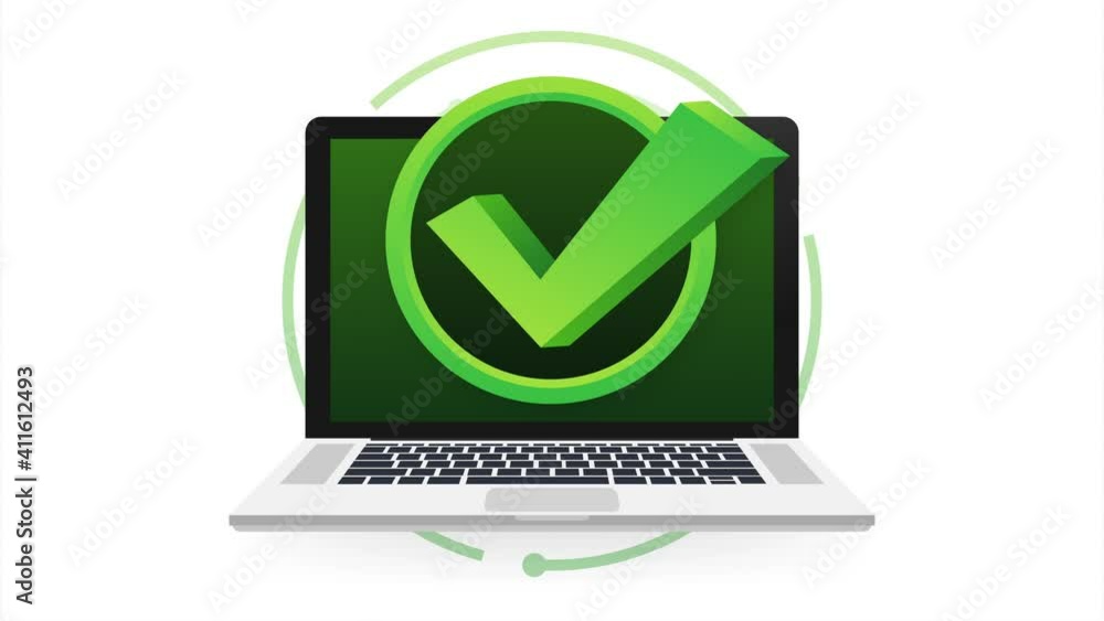 Poster laptop with checkmark or tick notification in bubble. approved choice. accept or approve checkmark.