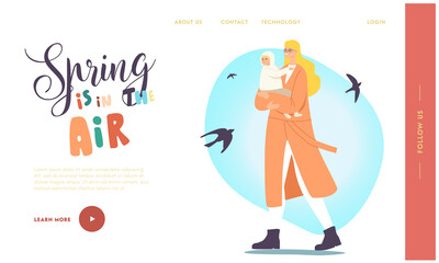 Spring in the Air Landing Page Template. Happy Family Characters Walking at Spring. Young Mother with Baby on Hands