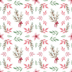 spring pattern with colorful leaves and pussy willow twigs, watercolor pattern on white background