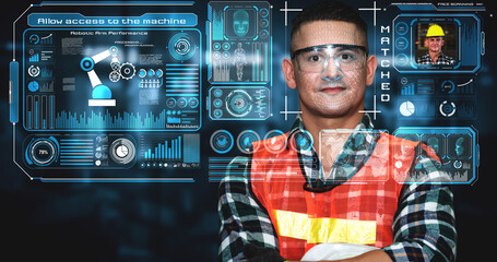 Facial recognition technology for industry worker to access machine control . Future concept interface showing digital biometric security system that analyze human face to verify personal data .