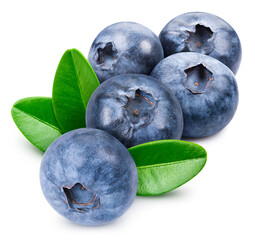 Ripe blueberry with green leaf clipping path. Organic fresh blueberry isolated on white. Full depth of field