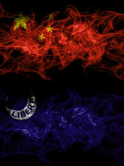 China, Chinese vs United States of America, America, US, USA, American, Fort Moultrie, South Carolina smoky mystic flags placed side by side. Thick colored silky abstract smoke flags.