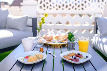 Art style breakfast food table croissant fresh bread cheese fresh fruit