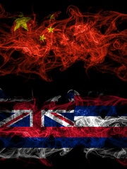 China, Chinese vs United States of America, America, US, USA, American, Hawaii, Hawaiian smoky mystic flags placed side by side. Thick colored silky abstract smoke flags.
