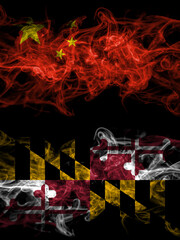 China, Chinese vs United States of America, America, US, USA, American, Maryland smoky mystic flags placed side by side. Thick colored silky abstract smoke flags.
