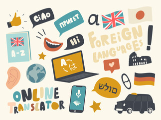 Set of Icons Foreign Language Translation Service Theme. Laptop, Country Flags, Taxi Car and Smiling Mouth, Mobile Phone