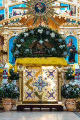 Interior of an Orthodox Ukrainian church. Iconostasis, altar.