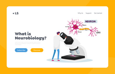 Neurobiology or Chemical Laboratory Research, Experiment Landing Page Template. Tiny Scientist Look in Huge Microscope