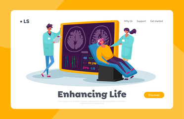 Obraz na płótnie Canvas Neurobiology Medicine, Brain Mri Landing Page Template. Doctor and Patient Characters in Hospital on Medical Examination