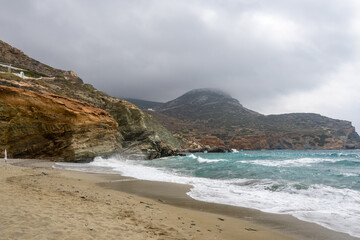 Fototapeta na wymiar Agali Beach on Folegandros island. An ideal family sandy beach at the picturesque bay of Vathy. Cyclades, Greece