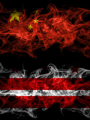 China, Chinese vs United States of America, America, US, USA, American, Washington D.C smoky mystic flags placed side by side. Thick colored silky abstract smoke flags.