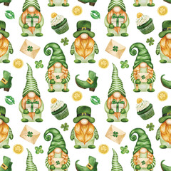 Seamless pattern for St Patrick day with gnomes and lucky clover leaves. Watercolor cartoon dwarf repeated backdrop