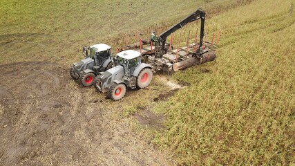 Fototapeta premium Traktoren mit Greifer verlädt einen gefällten Baum auf einen Anhänger, Forstwirtschaft / Landwirtschaft aus der Vogelperspektive 