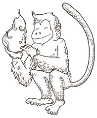 Special monkey in hand drawn style holding fire, Vector Illustration