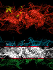 China, Chinese vs Uzbekistan smoky mystic flags placed side by side. Thick colored silky abstract smoke flags.