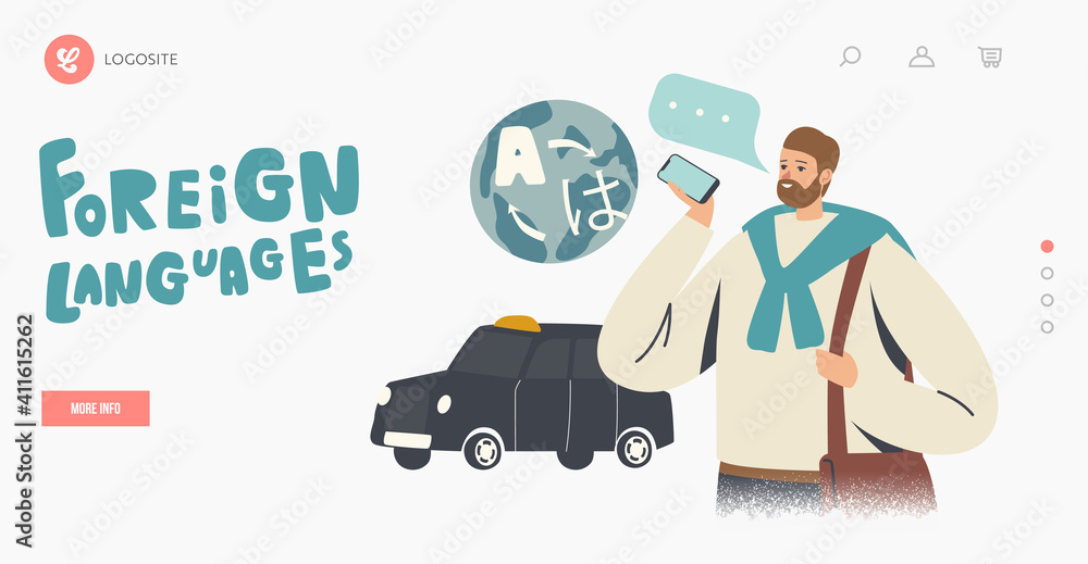 Aufkleber foreign language online translator service landing page template. tourist use translating mobile app