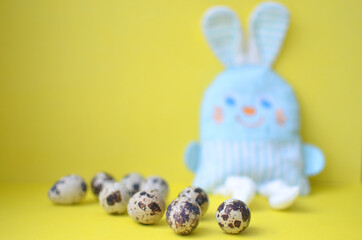 Quail eggs close-up on the background of the Easter bunny. Easter. Copyspace.