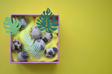 Easter gift box with leaves and quail eggs. Top view on a yellow background. Easter. Copyspace.