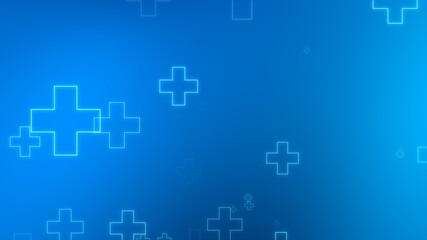 Medical health blue cross neon light shapes pattern background. Abstract healthcare technology and science concept.