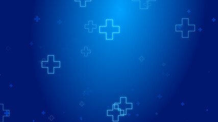 Medical health blue cross neon light shapes pattern healthcare technology background.