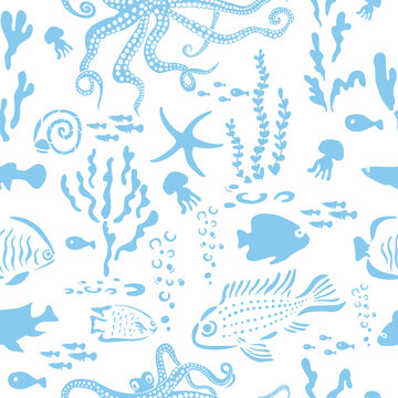 Marine animals blue seamless pattern. Vector illustration