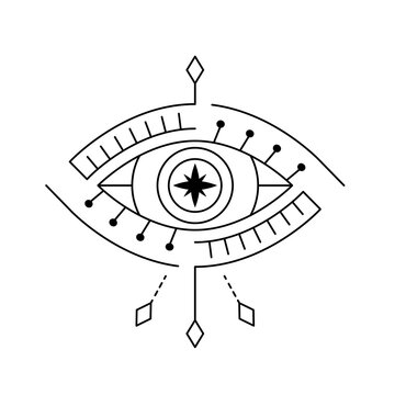 Blackwork mystic eye tattoo. Providence sight magic witchcraft symbol. Evil eye amulet geometric ornament. Esoteric sign