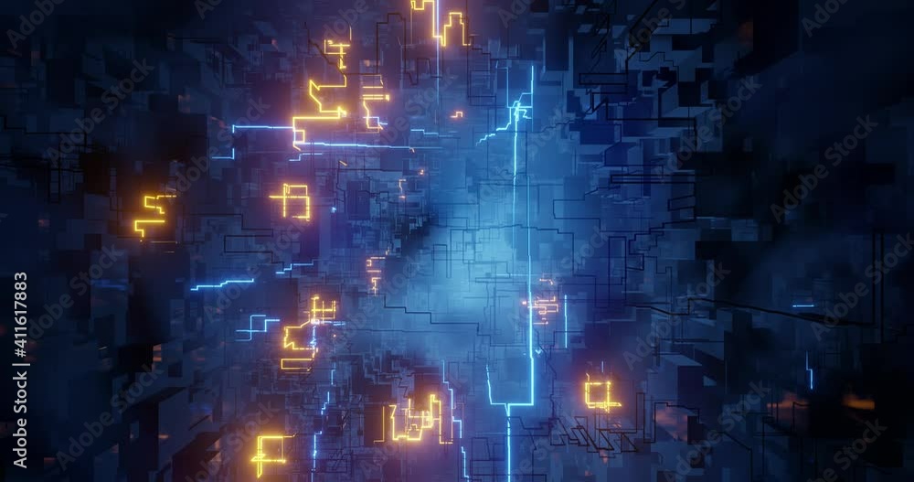 Poster neon high tech digital circuit and data on abstract background. colorful pcb glowing, circuitry desi