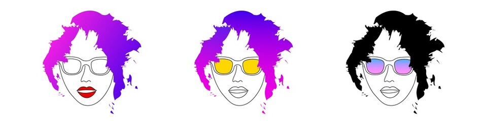 Portraits glamorous woman illustration. Head proud and independent girl with bright makeup and neon hairstyle stylish yellow sunglasses and mysterious vector character.