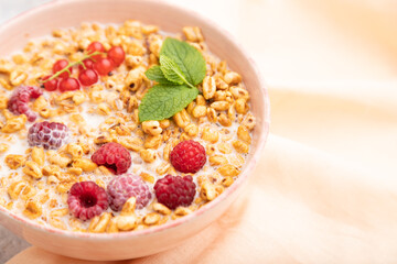 Wheat flakes porridge with milk, raspberry and currant in ceramic bowl on gray concrete background. Side view, selective focus.