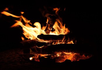 Campfire on an antique tabletop fire pit