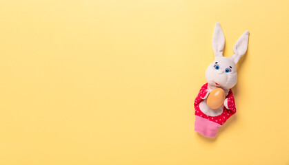 Banner with Easter bunny keeping the egg on yellow background with copy space, empty text place. Christian holiday card. Springtime. Online course learning of toy theater. Painting eggs. Hand puppet