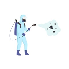 Man in Personal Protective Equipment (PPE) spraying chemicals on viruses. Covid coronavirus disinfection cleaning concept. epidemic prevention. Isolated Flat vector illustration on white