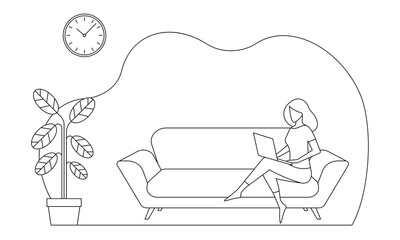 Woman sitting on a sofa or couch and working at a laptop. Home office, freelance or online studying outline concept. Vector illustration.