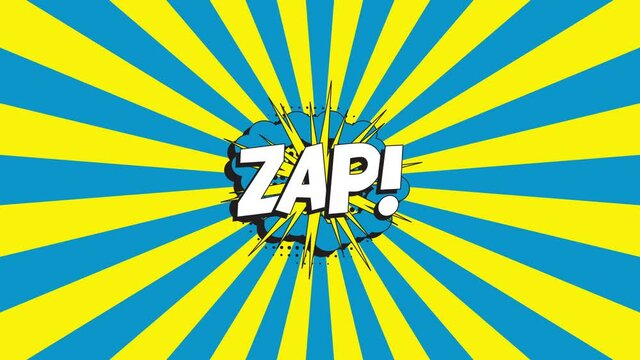 'ZAP!' word in vintage pop art style speech bubble with halftone dotted shadow on an animated blue background with yellow rays