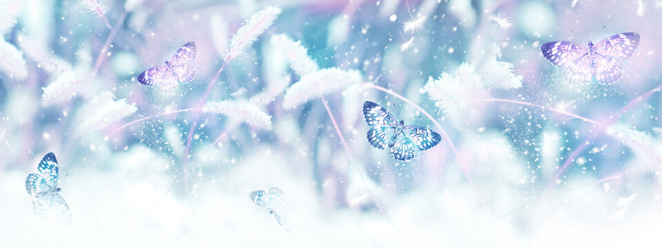 Pink butterflies in flight against the background of wild grass in the snow. Fabulous winter spring image. Magic garden. Winter wonderland.