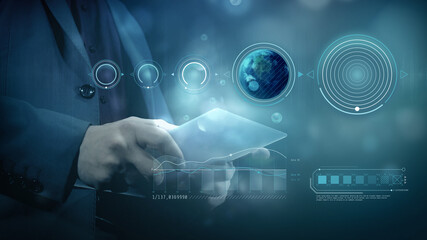 Business background with virtual infographics and Earth hologram.
