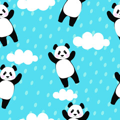 Seamless pattern with dreamy pandas and clouds in the blue sky. Chinese bear for printing on fabric, textiles, bedding, festive paper. Vector graphics.