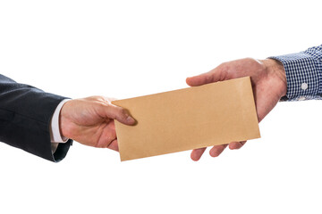 Man giving bribe money in brown envelope to another businessman in corruption scam. Closeup of...